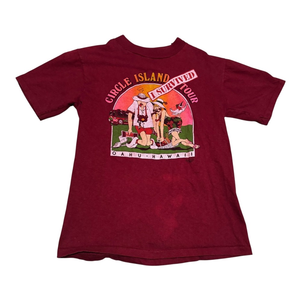 Vintage 80s Hanes I Survived‎ Circle Island Tour Hawaii Shirt Men's Small FLAWS